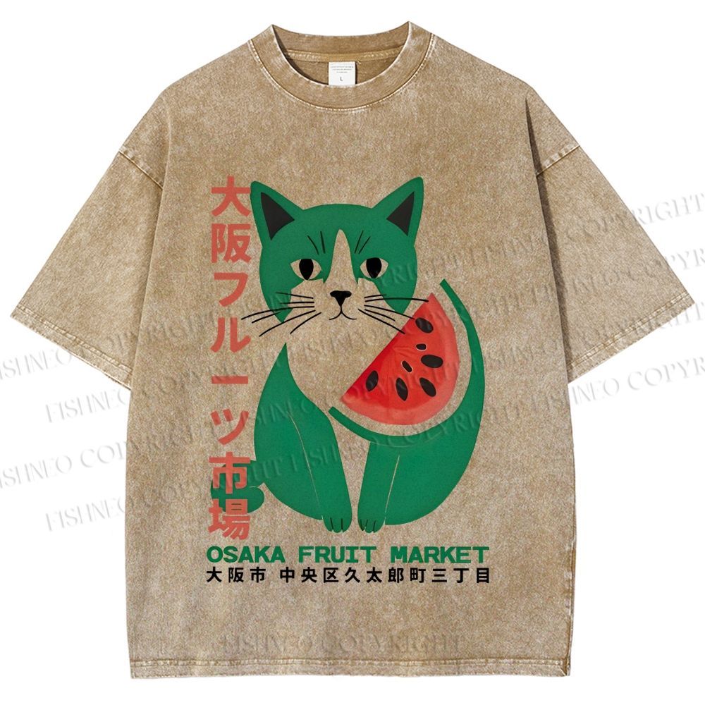 Unisex Vintage Japanese Osaka Fruit Market Cat Printed Washed Tee