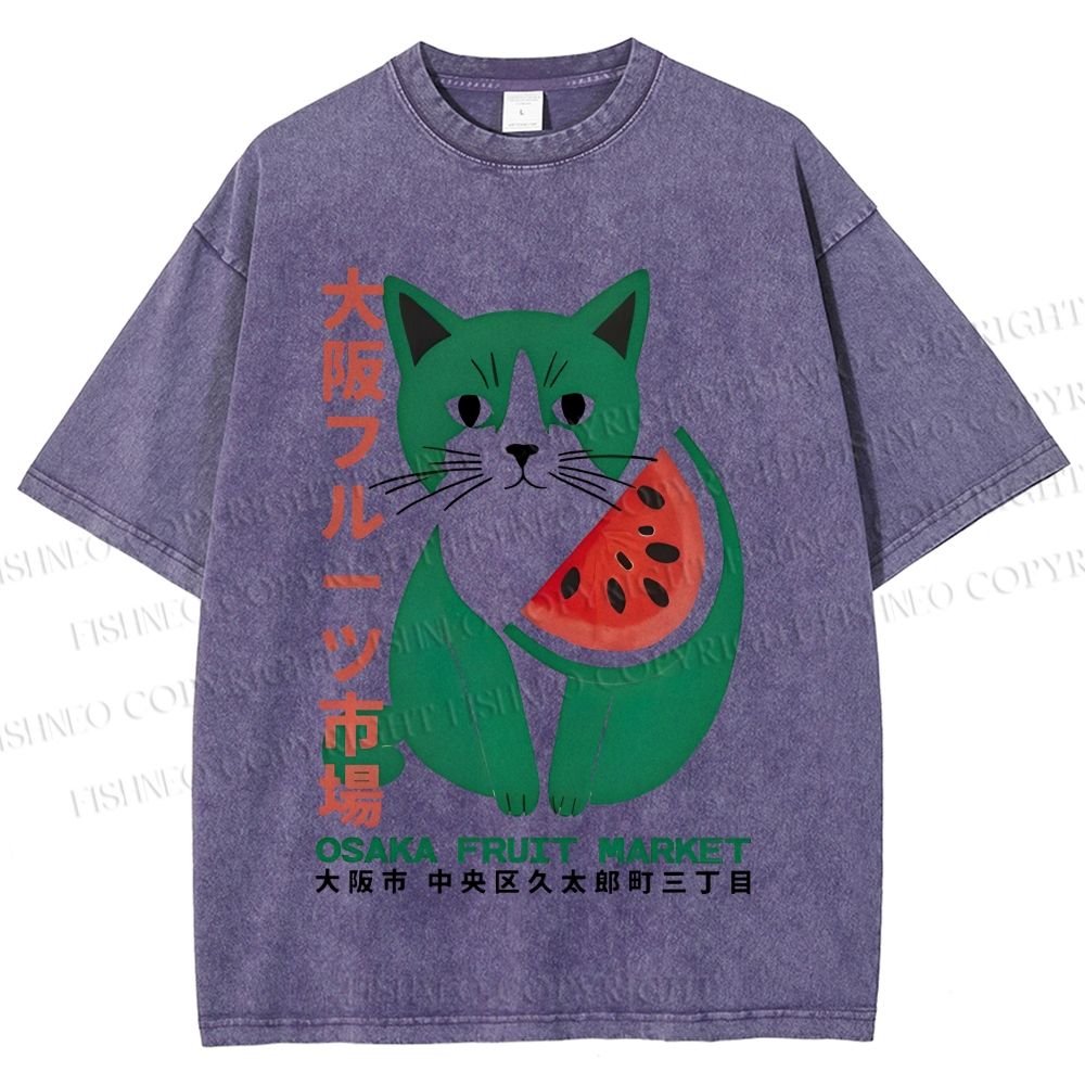 Unisex Vintage Japanese Osaka Fruit Market Cat Printed Washed Tee