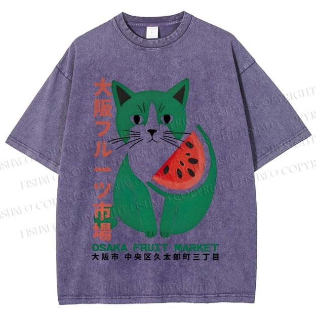 Unisex Vintage Japanese Osaka Fruit Market Cat Printed Washed Tee