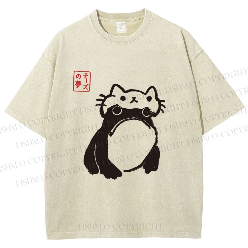 Unisex Japanese Silly Frog Cat Printed Washed Tee