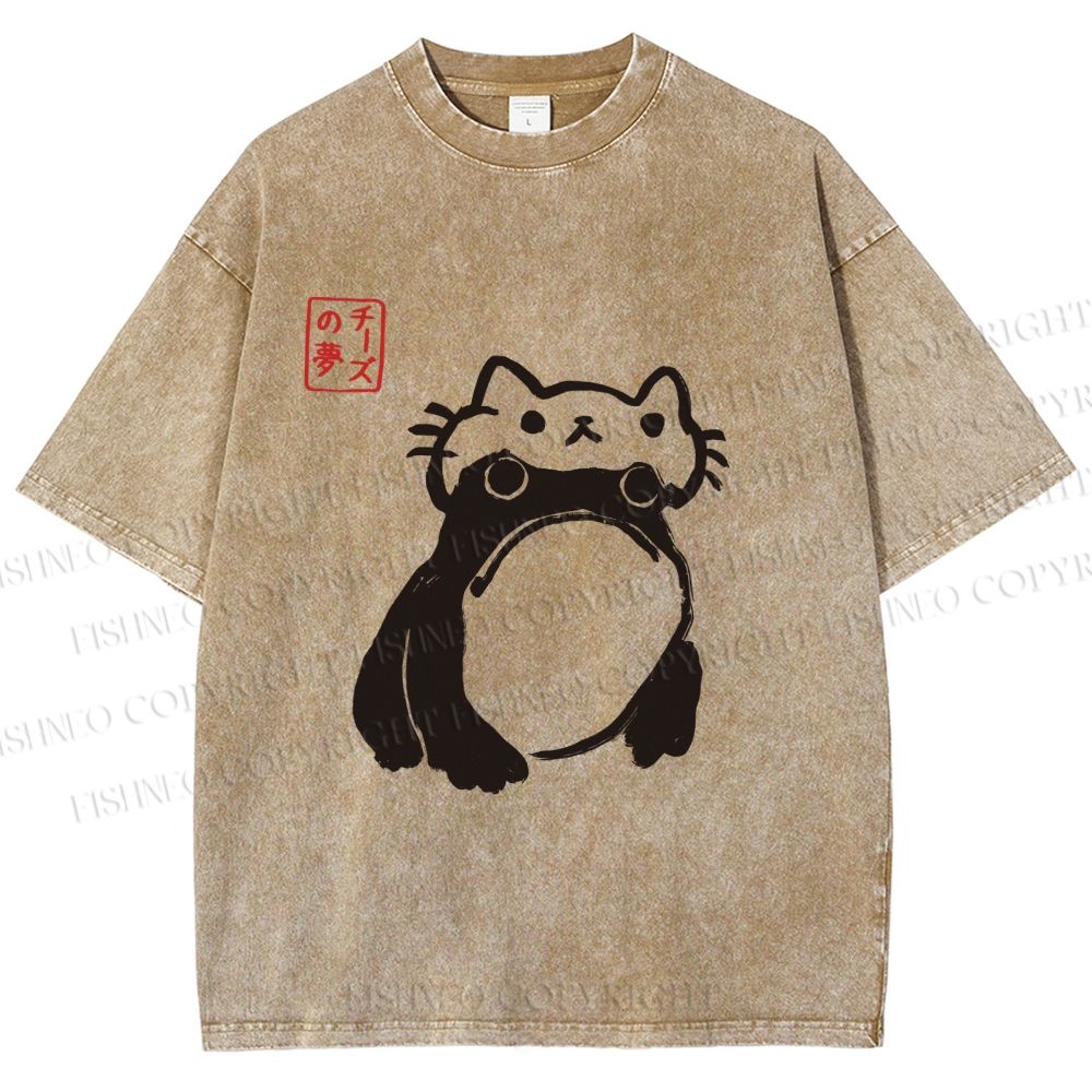Unisex Japanese Silly Frog Cat Printed Washed Tee