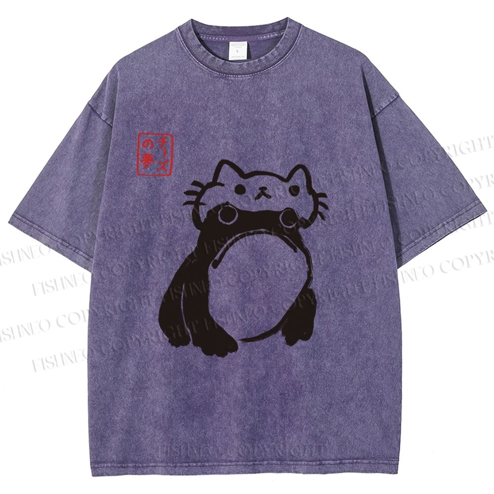Unisex Japanese Silly Frog Cat Printed Washed Tee