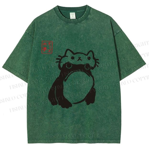 Unisex Japanese Silly Frog Cat Printed Washed Tee