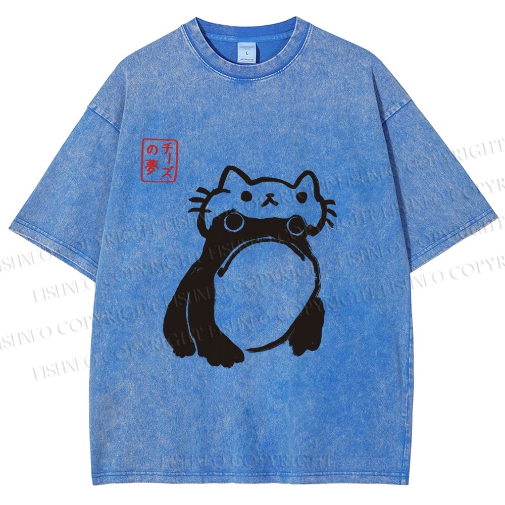 Unisex Japanese Silly Frog Cat Printed Washed Tee