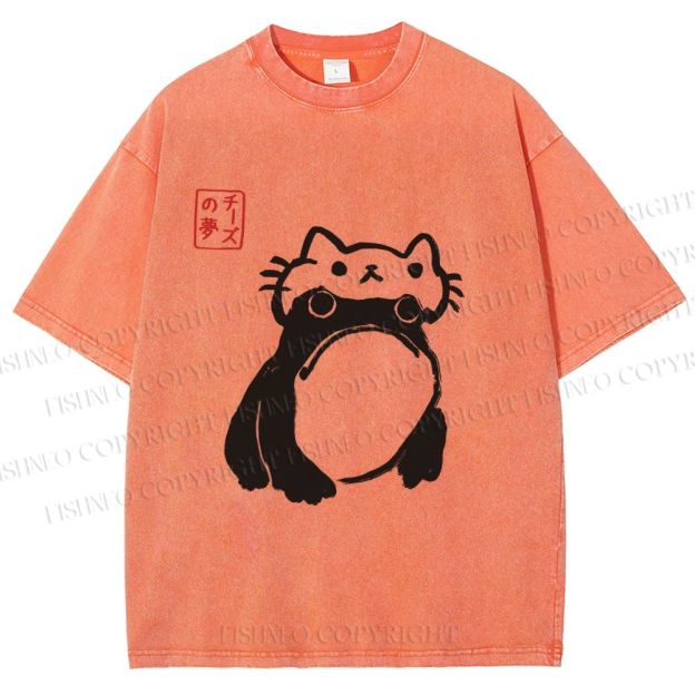 Unisex Japanese Silly Frog Cat Printed Washed Tee