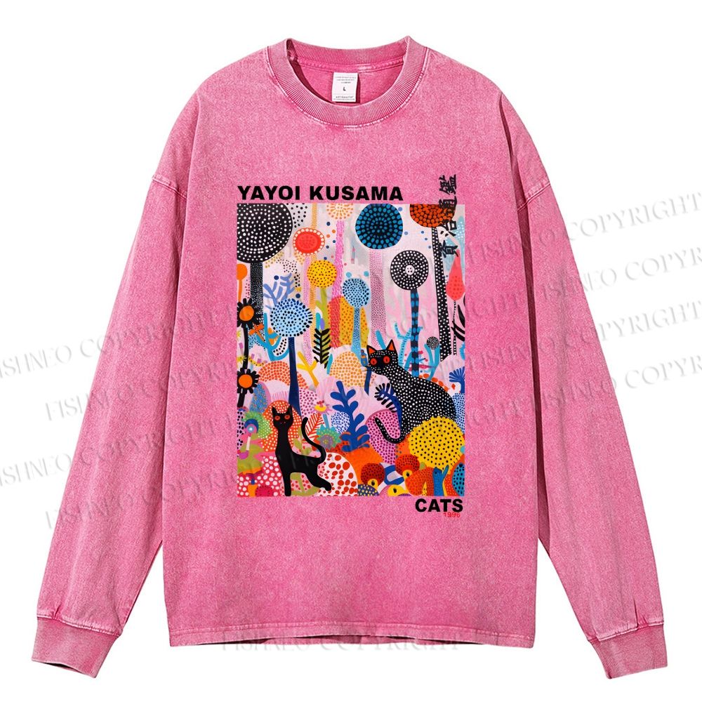 Unisex Casual Washed Yayoi Kusama Cat Printed Long Sleeve T-shirt