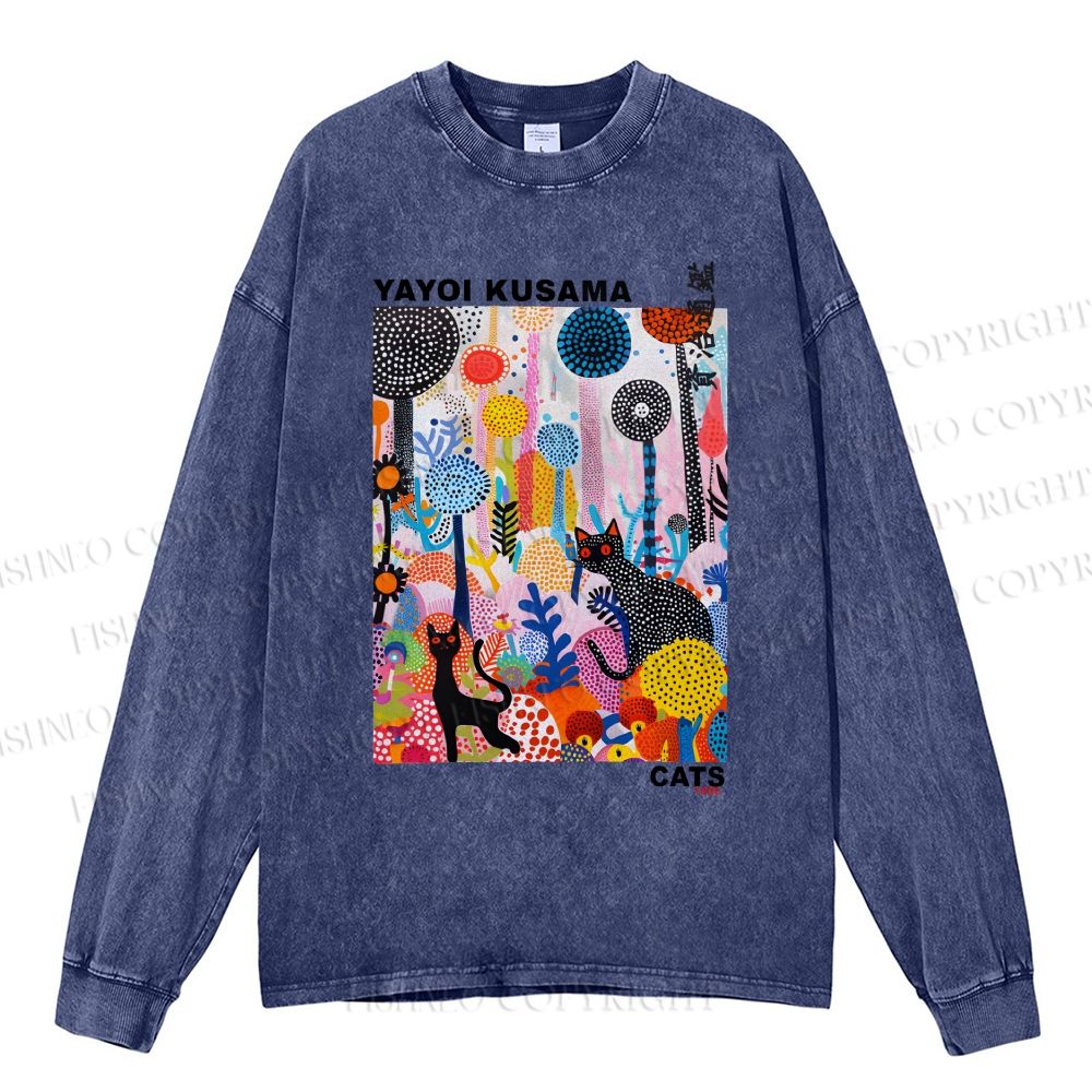 Unisex Casual Washed Yayoi Kusama Cat Printed Long Sleeve T-shirt