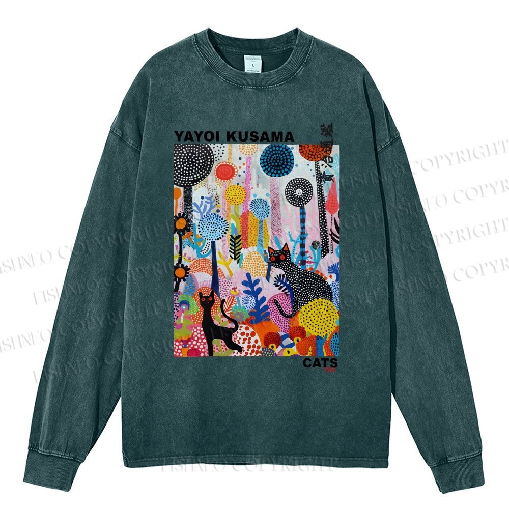 Unisex Casual Washed Yayoi Kusama Cat Printed Long Sleeve T-shirt