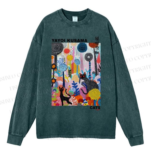 Unisex Casual Washed Yayoi Kusama Cat Printed Long Sleeve T-shirt