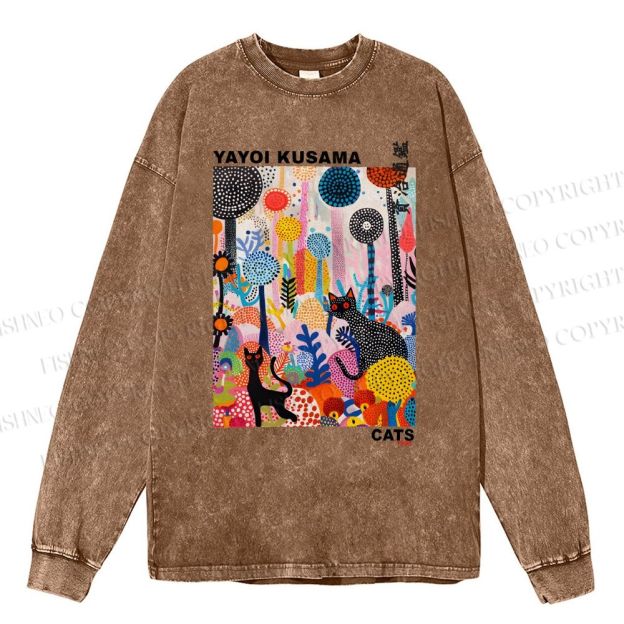 Unisex Casual Washed Yayoi Kusama Cat Printed Long Sleeve T-shirt