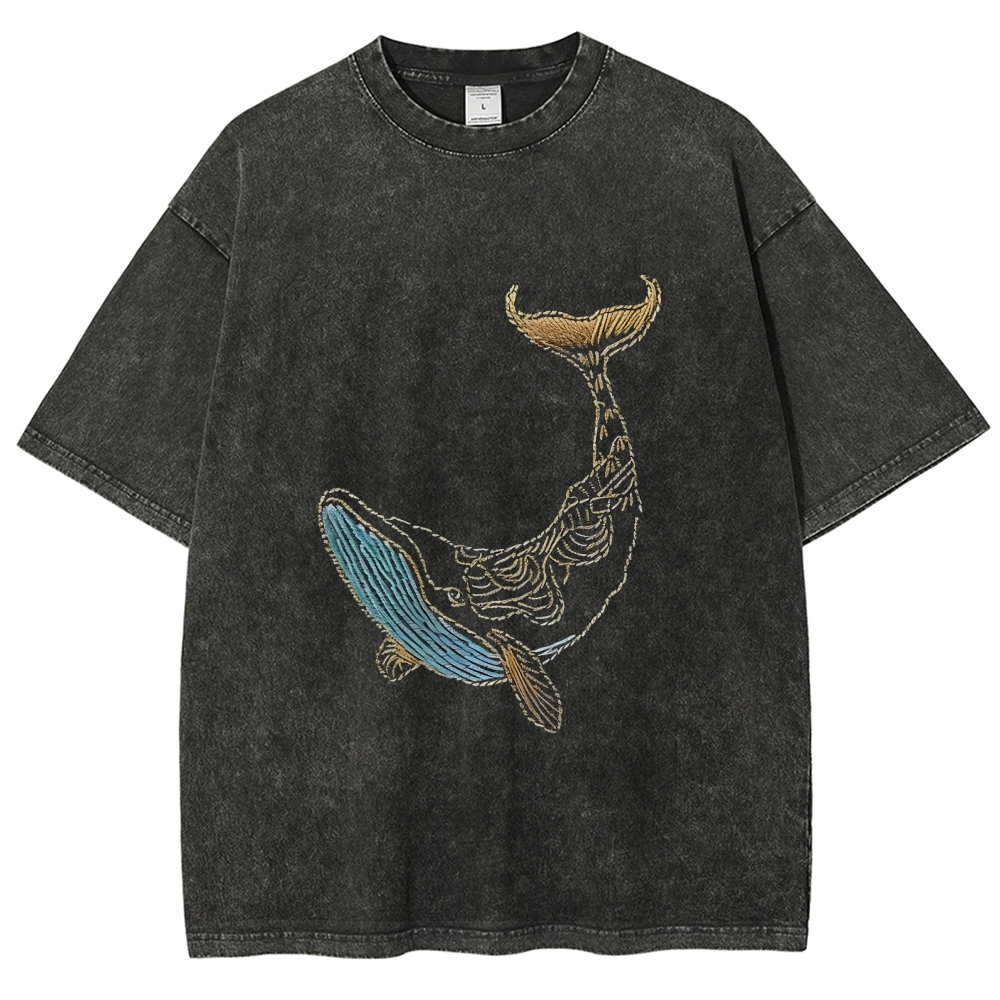 Whale Embroidery Pattern Casual Cotton T-Shirt