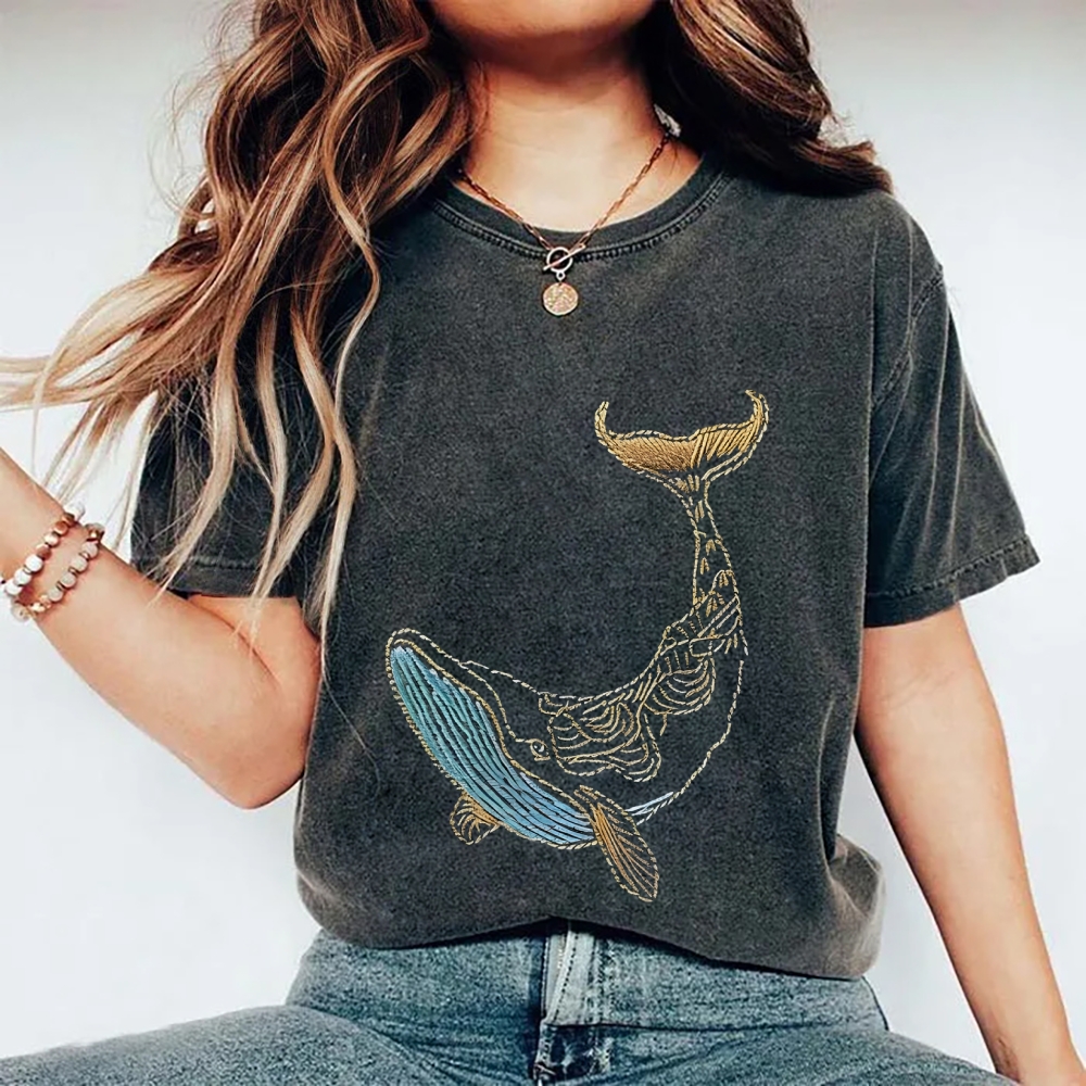 Whale Embroidery Pattern Casual Cotton T-Shirt