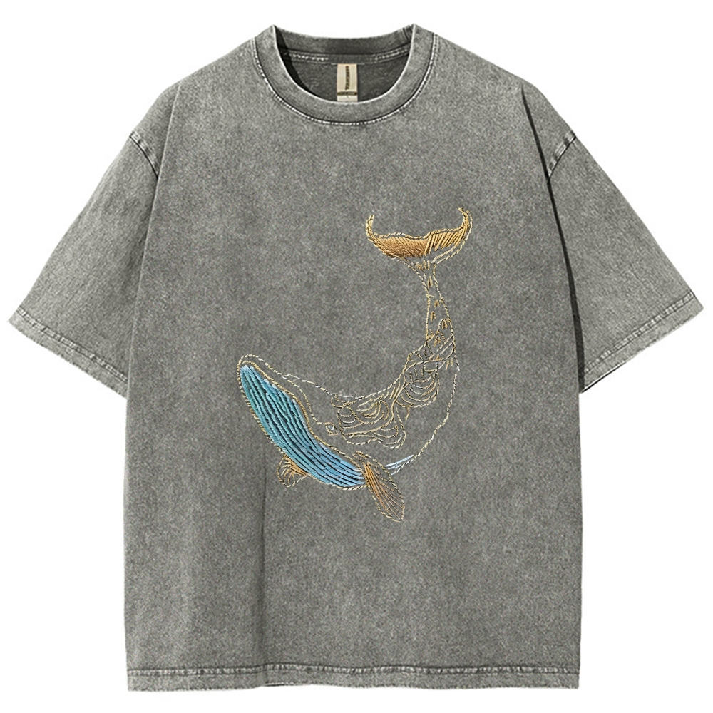 Whale Embroidery Pattern Casual Cotton T-Shirt