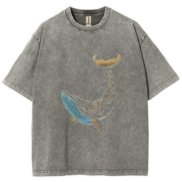Whale Embroidery Pattern Casual Cotton T-Shirt