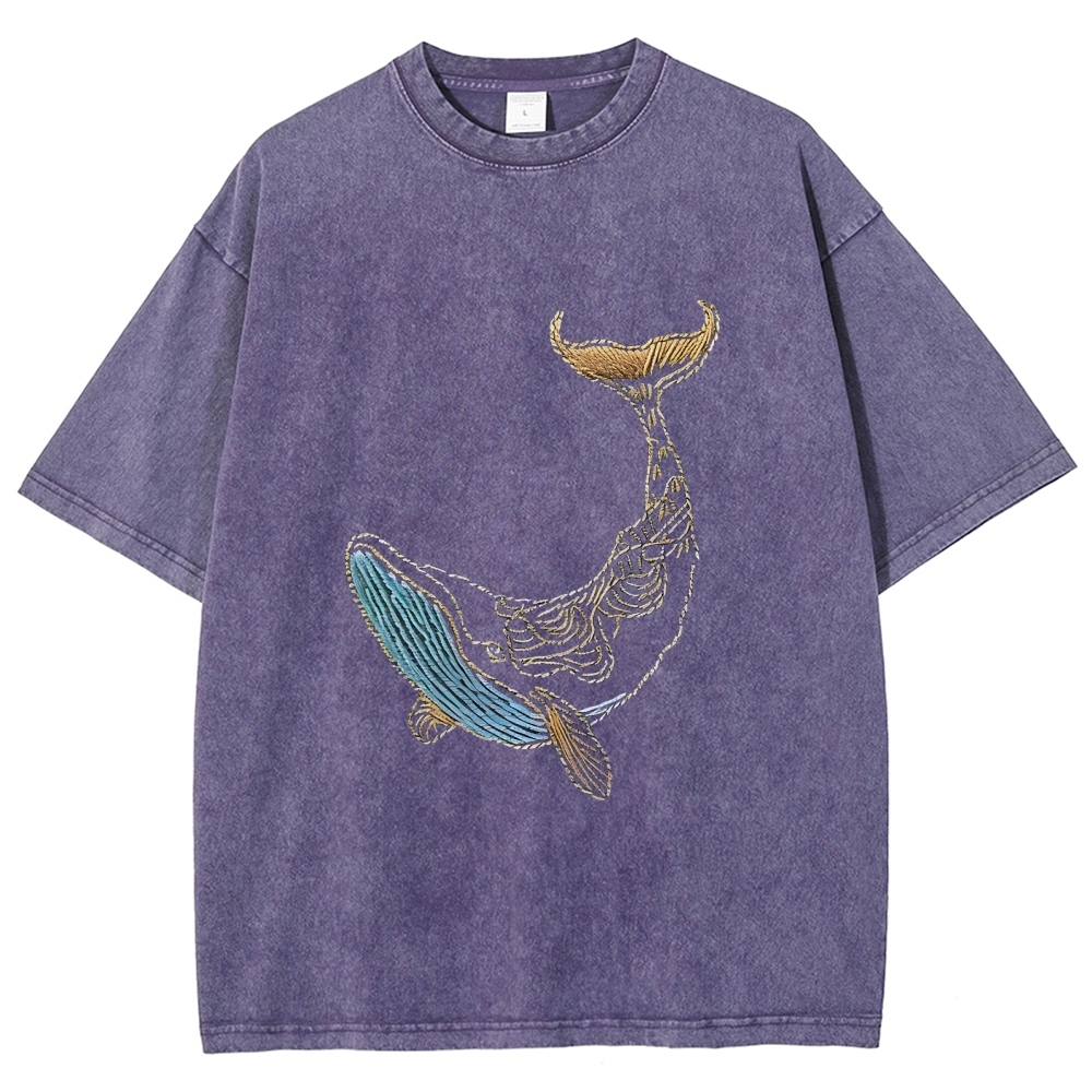 Whale Embroidery Pattern Casual Cotton T-Shirt