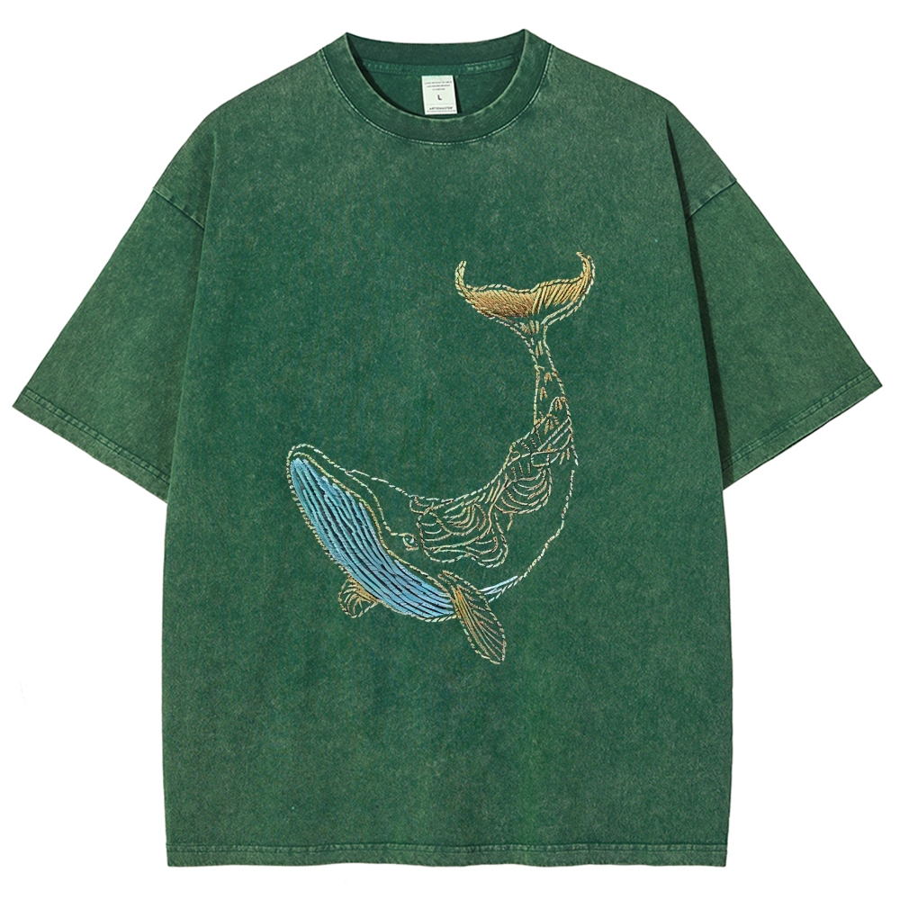 Whale Embroidery Pattern Casual Cotton T-Shirt