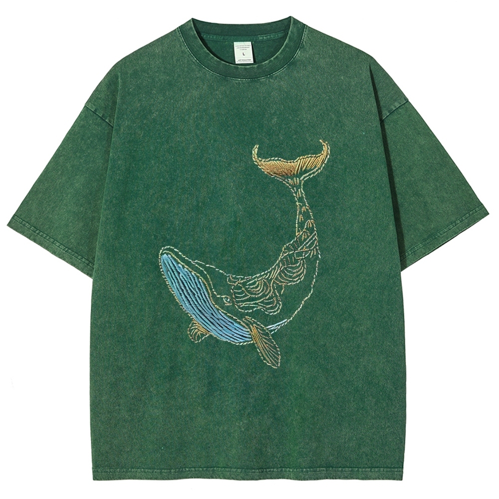 Whale Embroidery Pattern Casual Cotton T-Shirt