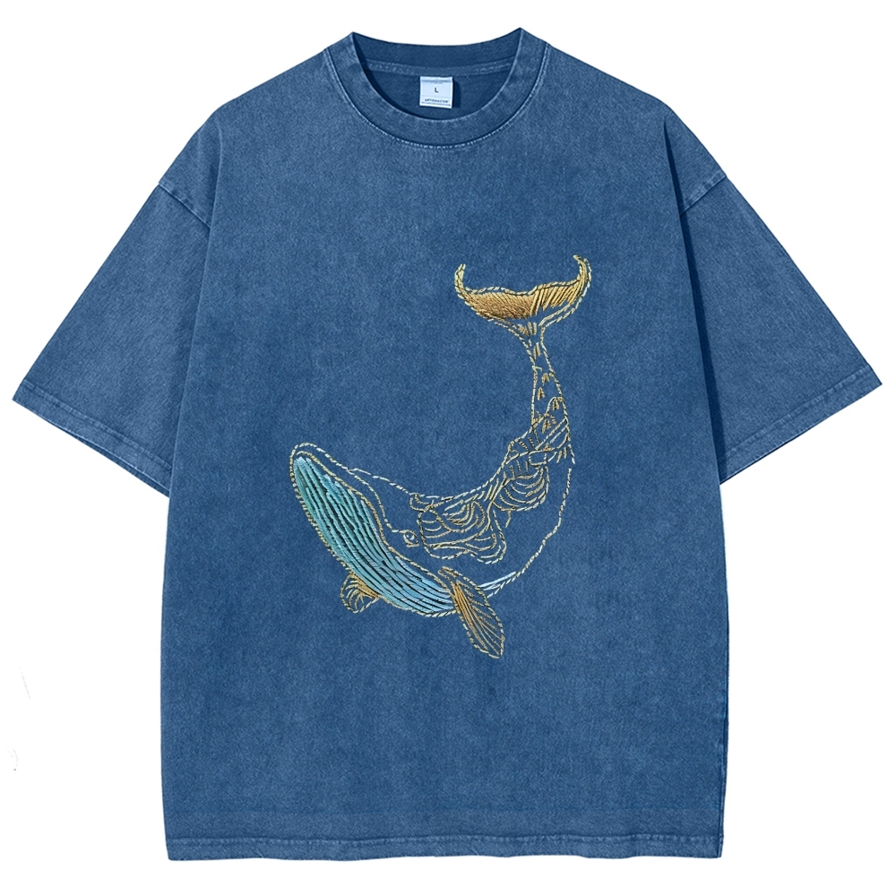 Whale Embroidery Pattern Casual Cotton T-Shirt