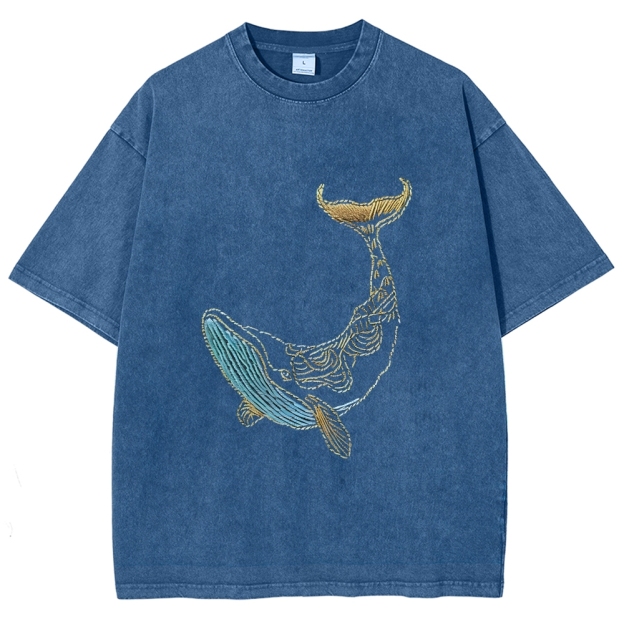 Whale Embroidery Pattern Casual Cotton T-Shirt