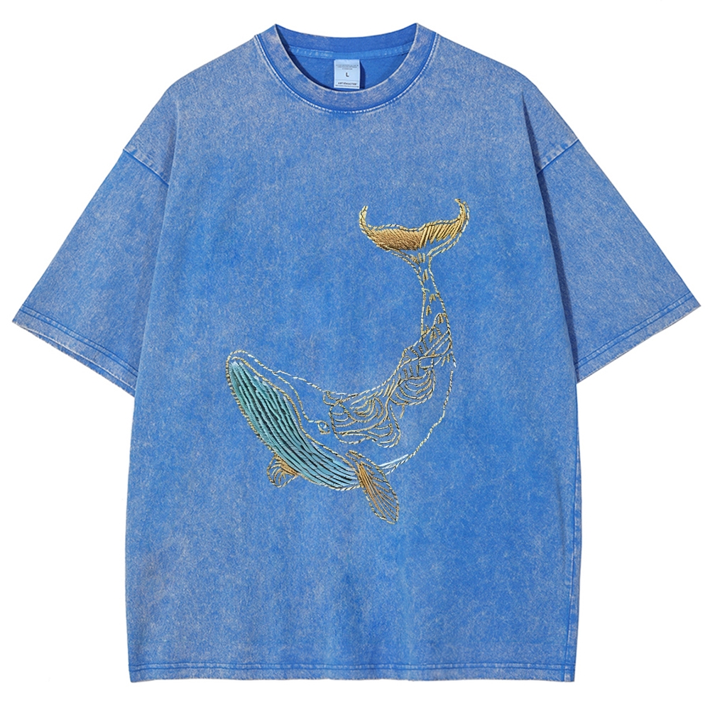 Whale Embroidery Pattern Casual Cotton T-Shirt
