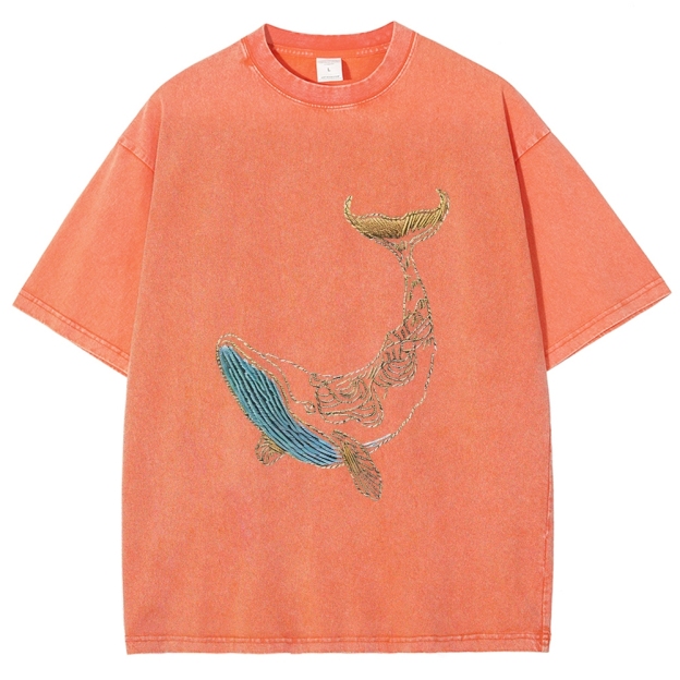 Whale Embroidery Pattern Casual Cotton T-Shirt