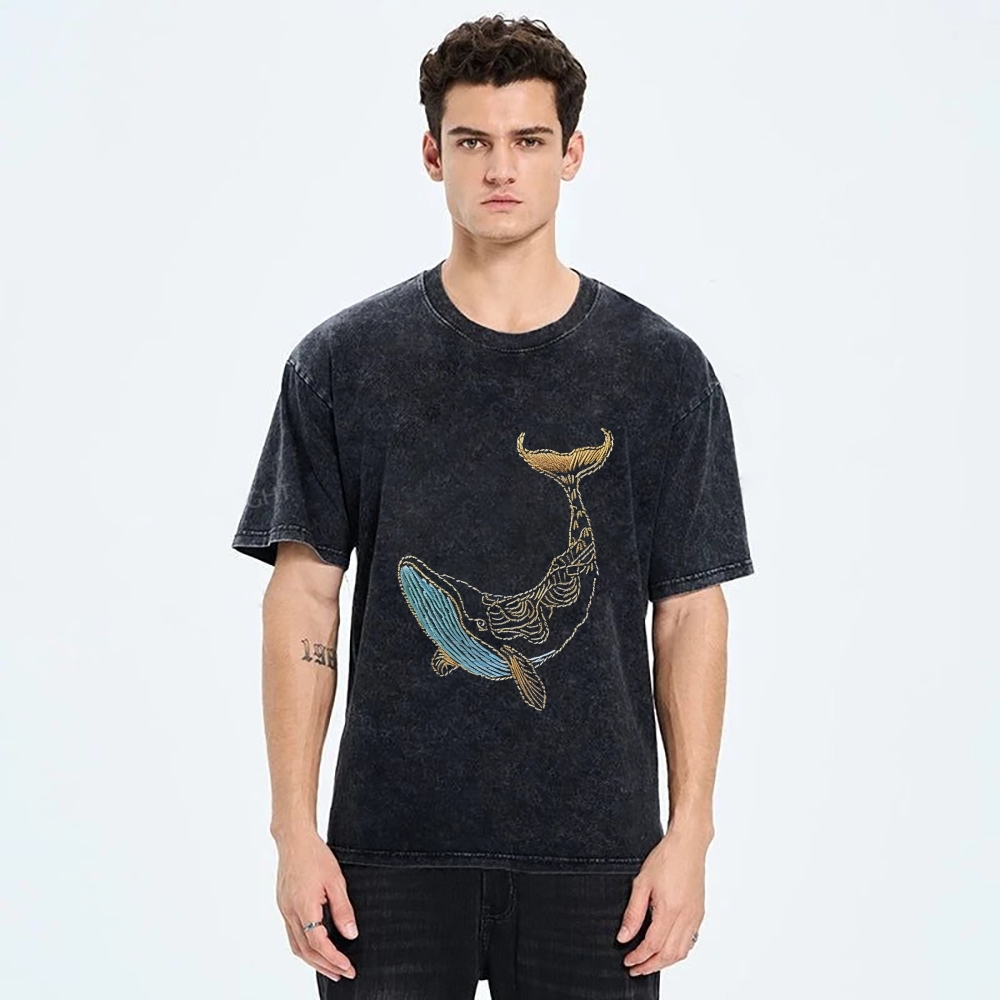 Whale Embroidery Pattern Casual Cotton T-Shirt