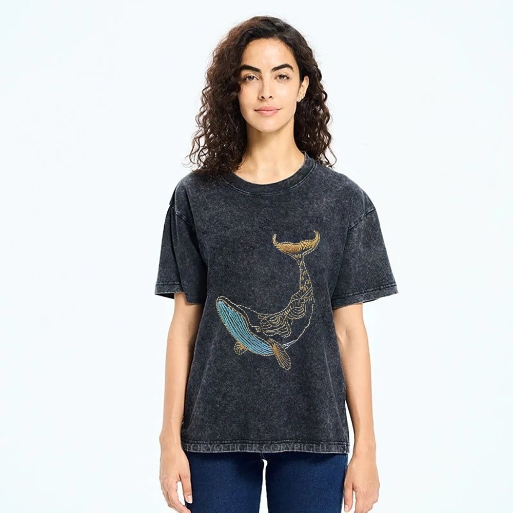 Whale Embroidery Pattern Casual Cotton T-Shirt