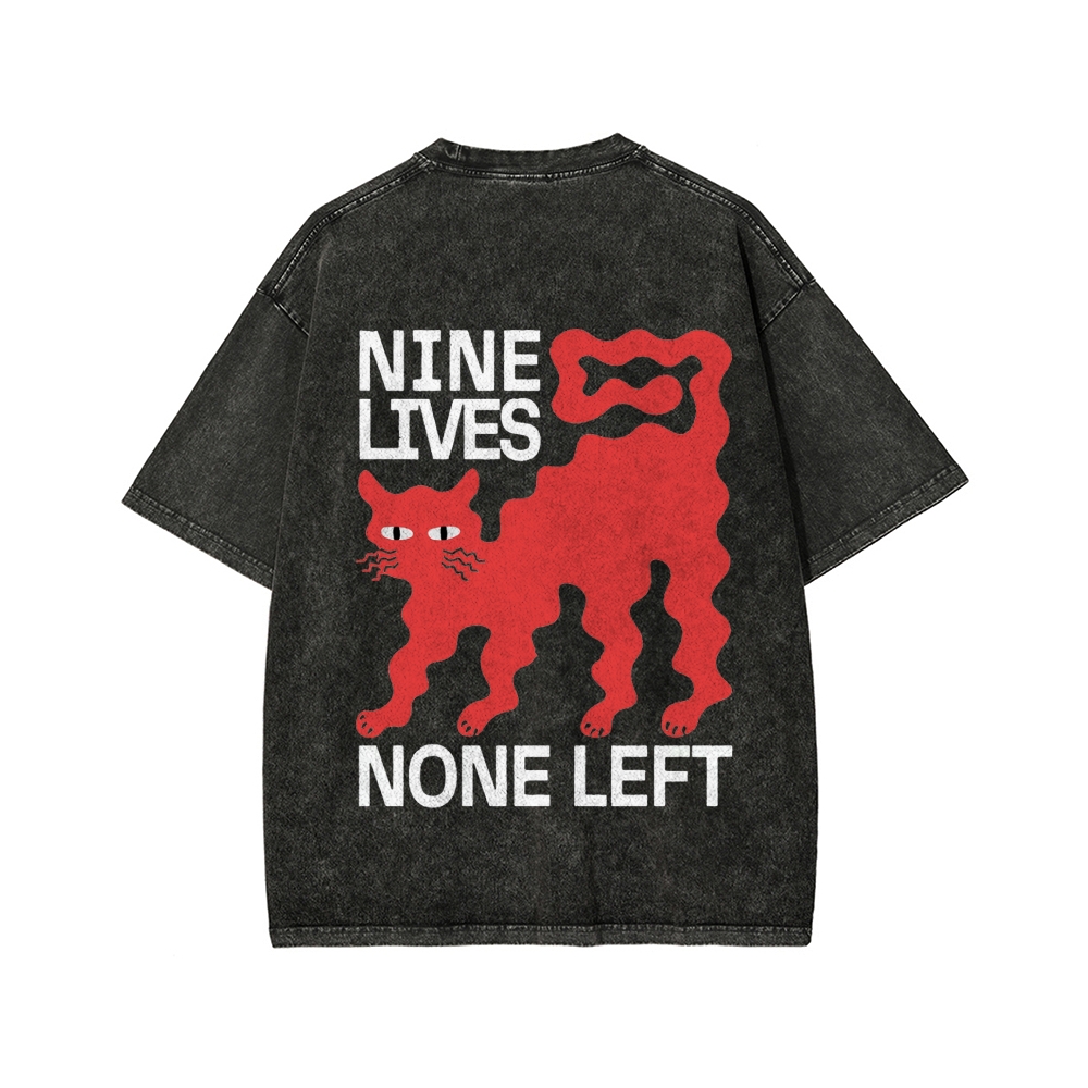 Unisex Nine lives None Left Cat Front And Back Printed Washed Tee