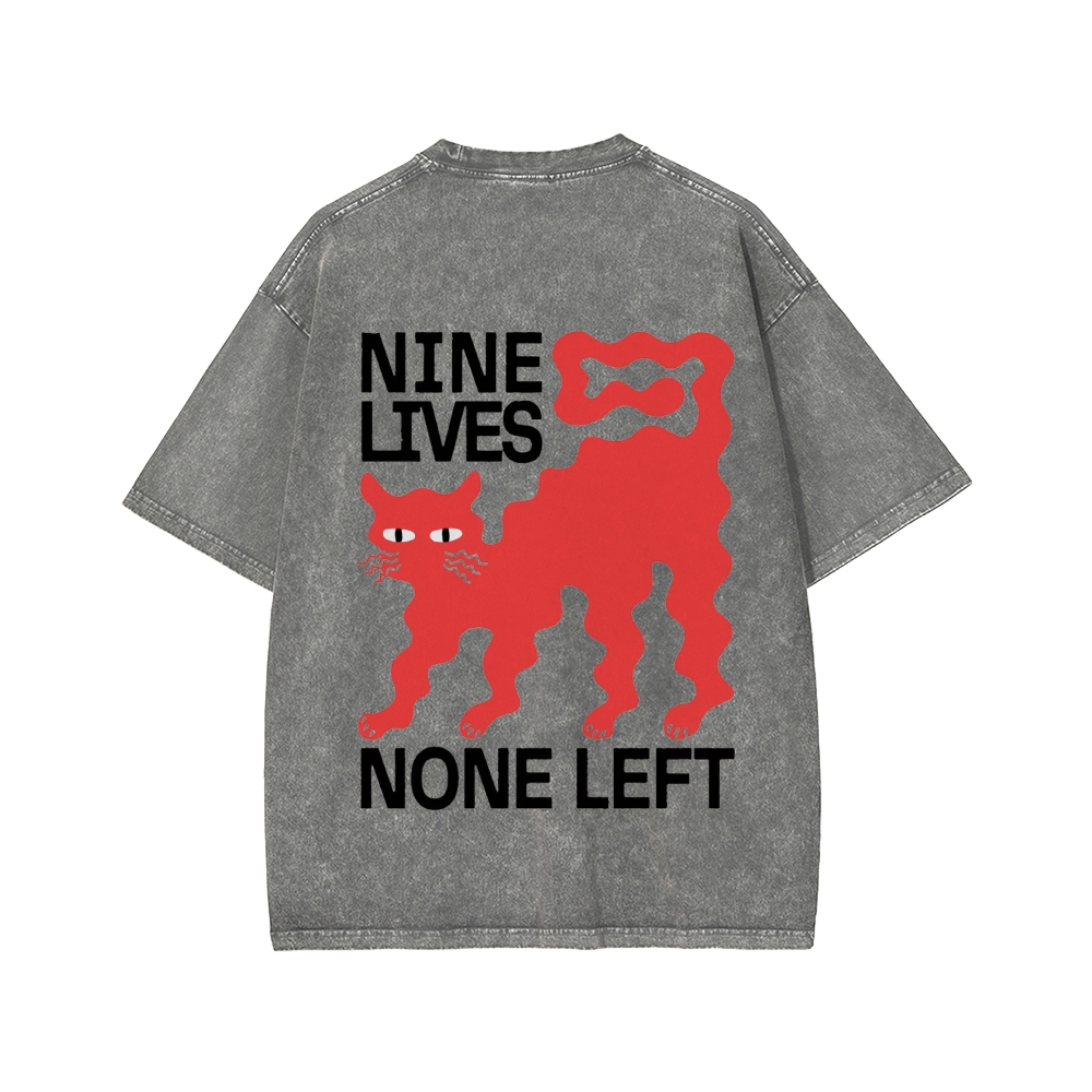 Unisex Nine lives None Left Cat Front And Back Printed Washed Tee