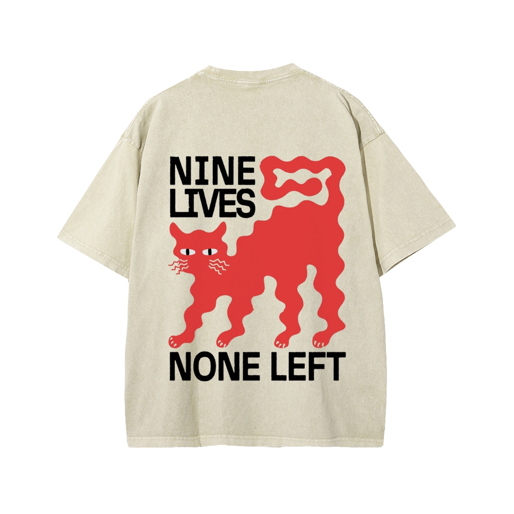 Unisex Nine lives None Left Cat Front And Back Printed Washed Tee