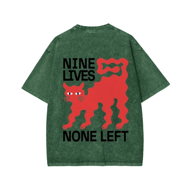 Unisex Nine lives None Left Cat Front And Back Printed Washed Tee