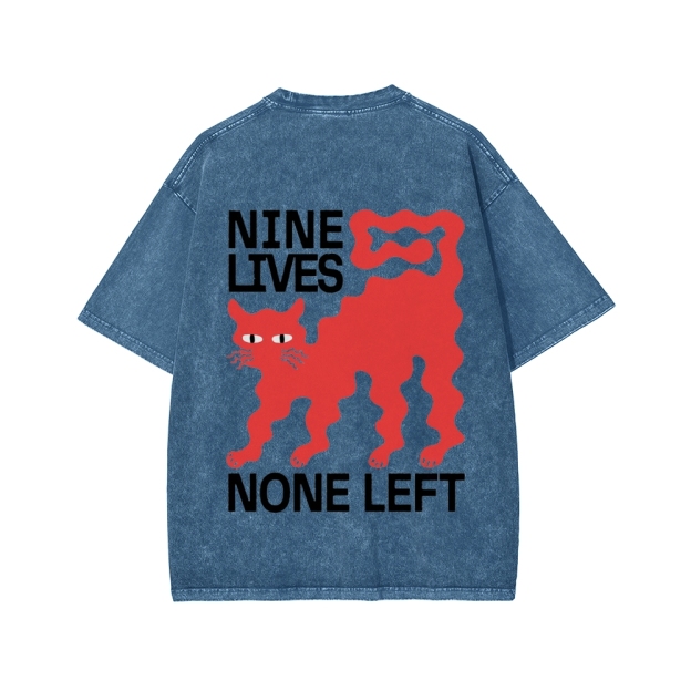Unisex Nine lives None Left Cat Front And Back Printed Washed Tee