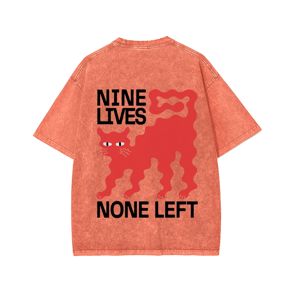 Unisex Nine lives None Left Cat Front And Back Printed Washed Tee