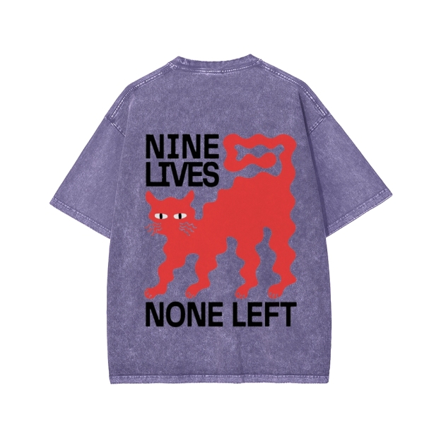Unisex Nine lives None Left Cat Front And Back Printed Washed Tee