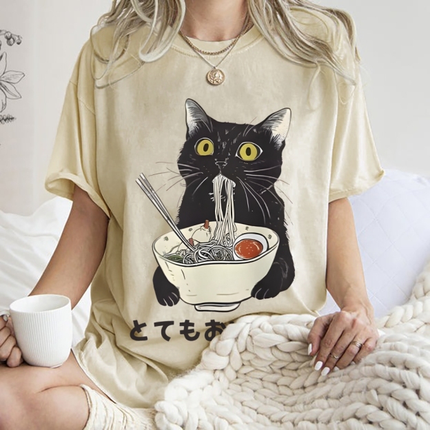 Cats Eat Ramen Noodles Washed T-Shirt