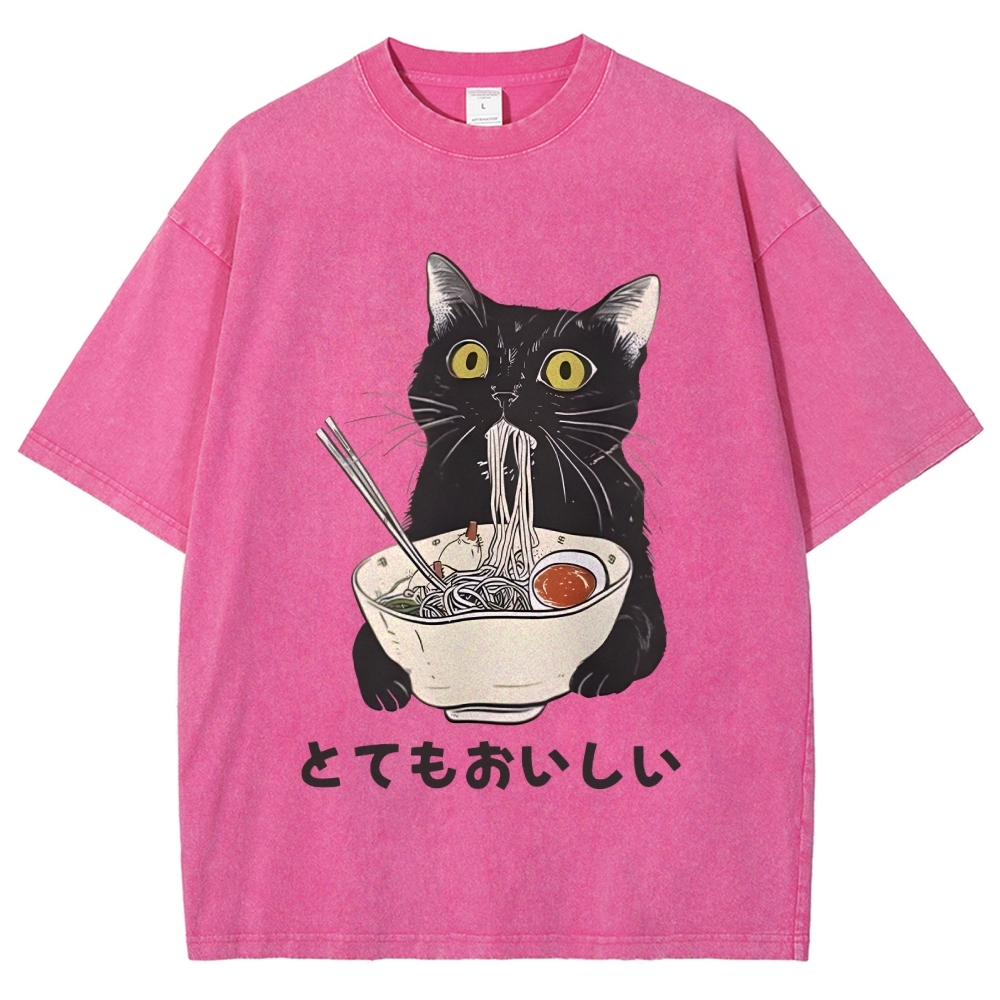 Cats Eat Ramen Noodles Washed T-Shirt
