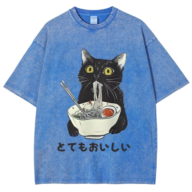 Cats Eat Ramen Noodles Washed T-Shirt