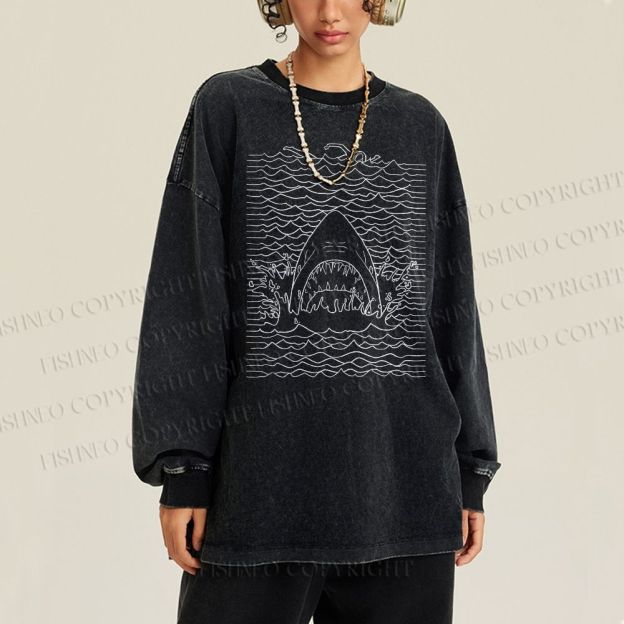 Unisex Casual Washed Ocean Wave Shark Printed Long Sleeve T-shirt