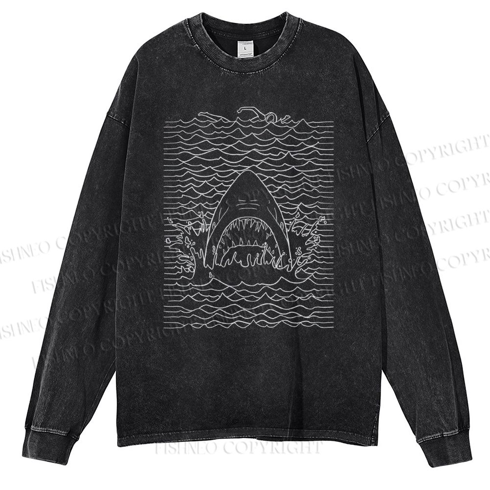 Unisex Casual Washed Ocean Wave Shark Printed Long Sleeve T-shirt