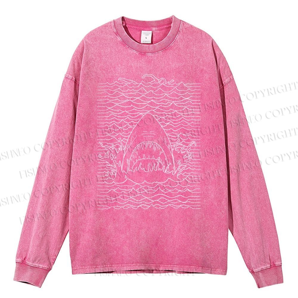 Unisex Casual Washed Ocean Wave Shark Printed Long Sleeve T-shirt