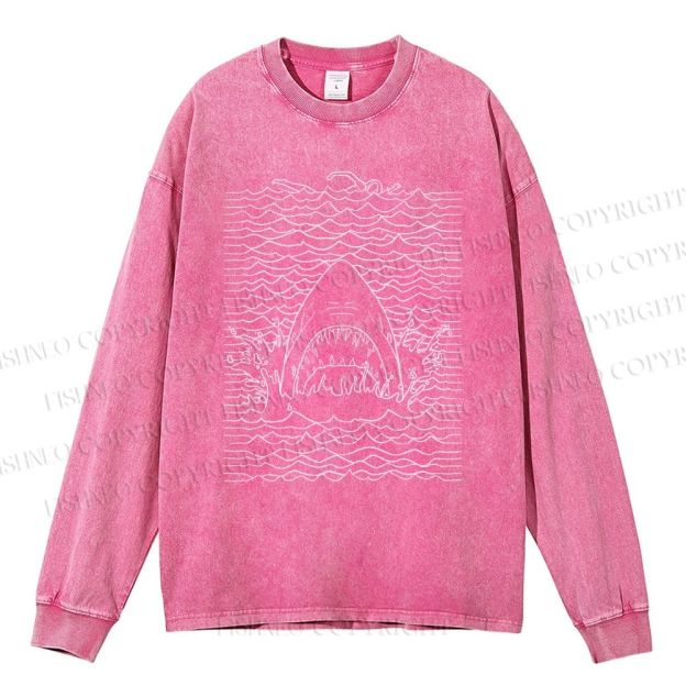 Unisex Casual Washed Ocean Wave Shark Printed Long Sleeve T-shirt