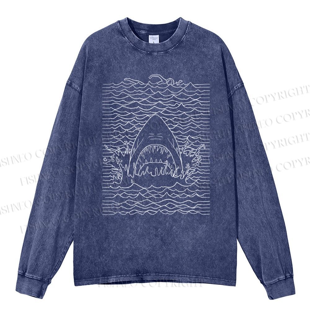 Unisex Casual Washed Ocean Wave Shark Printed Long Sleeve T-shirt