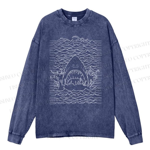 Unisex Casual Washed Ocean Wave Shark Printed Long Sleeve T-shirt