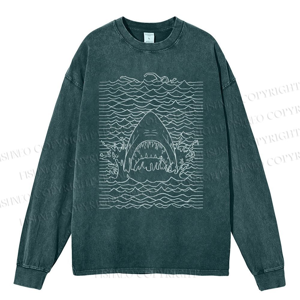 Unisex Casual Washed Ocean Wave Shark Printed Long Sleeve T-shirt