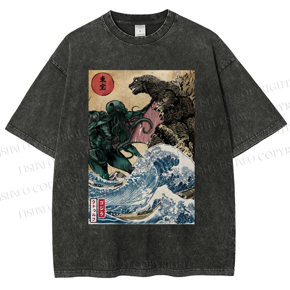 Unisex Wave Godzilla Printed Washed Tee