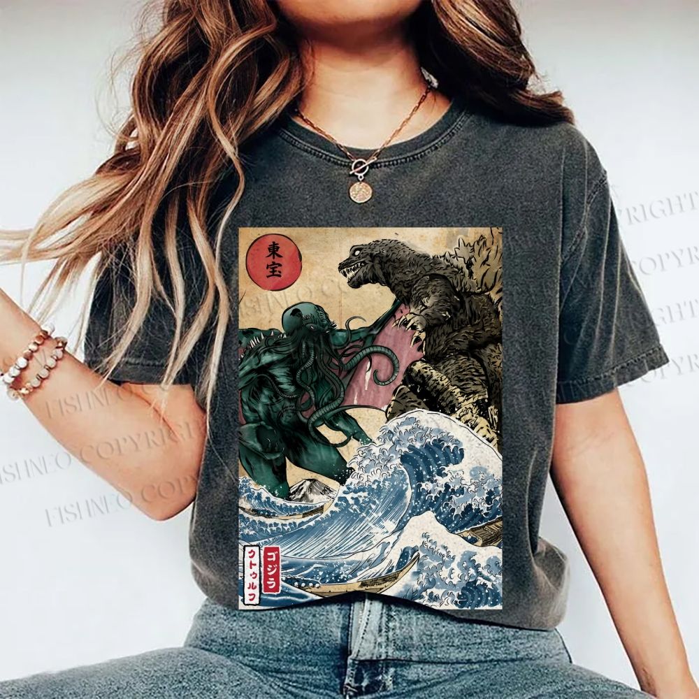 Unisex Wave Godzilla Printed Washed Tee