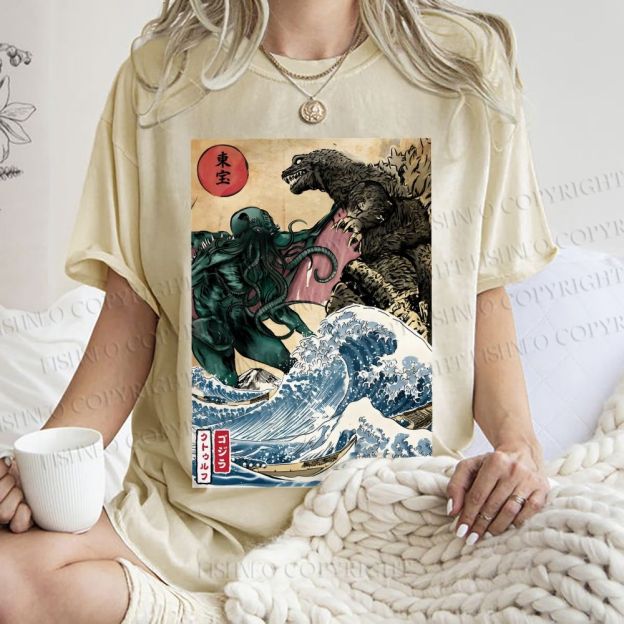 Unisex Wave Godzilla Printed Washed Tee