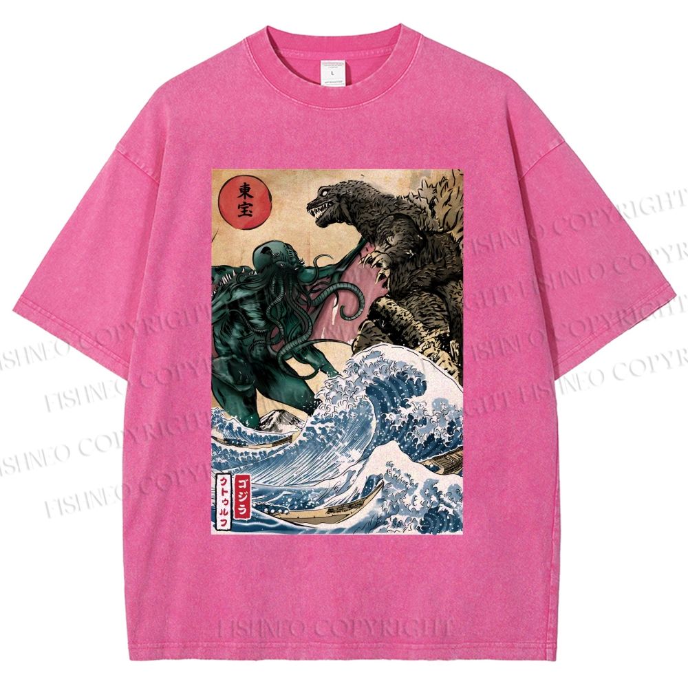 Unisex Wave Godzilla Printed Washed Tee
