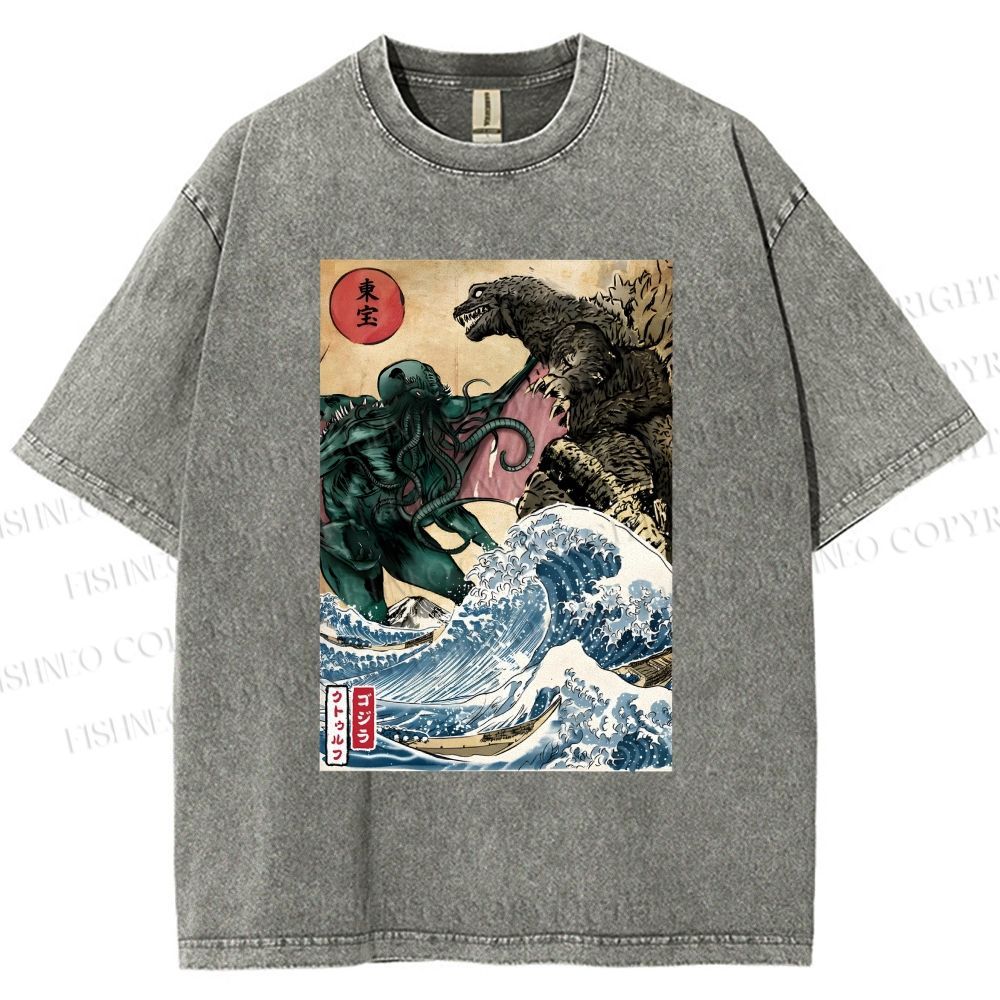 Unisex Wave Godzilla Printed Washed Tee