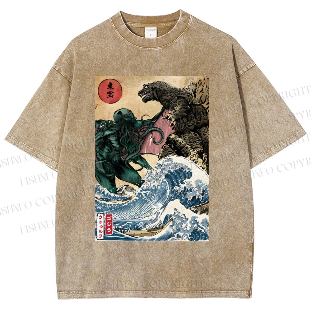 Unisex Wave Godzilla Printed Washed Tee